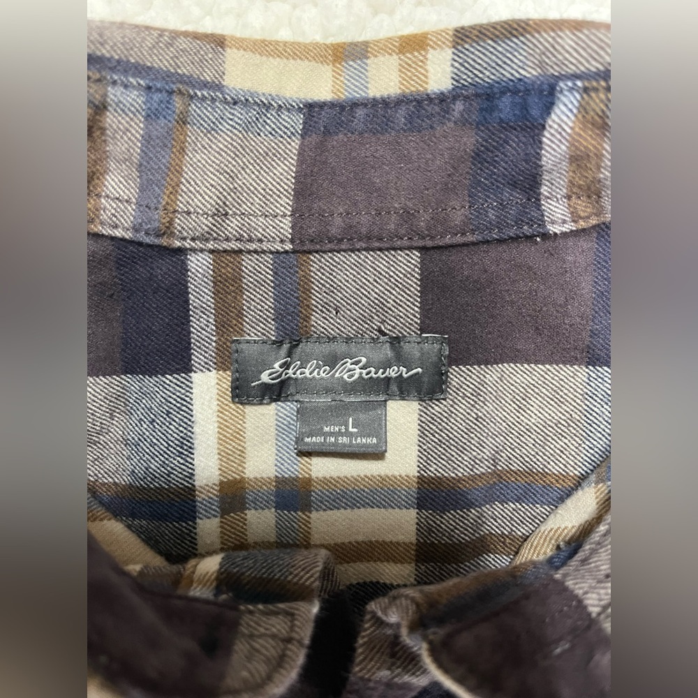 Eddie Bauer Plaid Flannel Shirt Purple Cream Mens Large - Picture 3 of 6